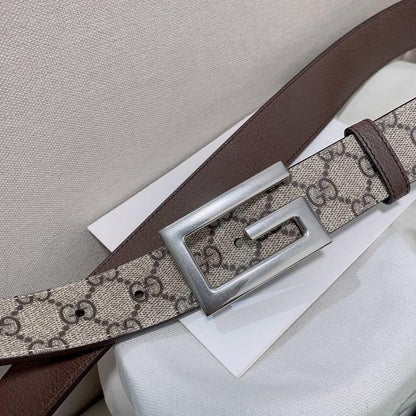 GUCCI Embellished coated-canvas and leather belt 'Grey'