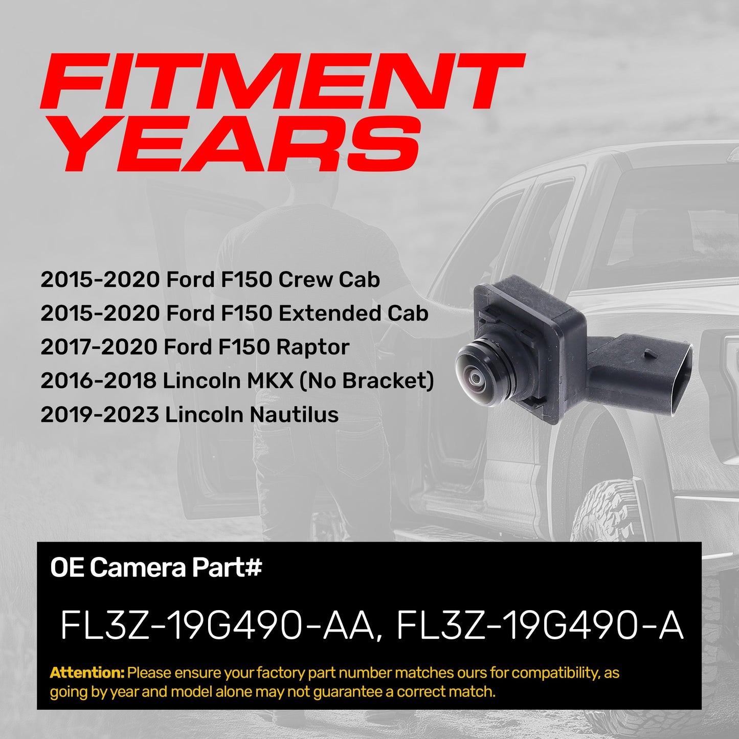 Ford F150 Crew Cab (15-20), F150 Extended Cab (15-20), F150 Raptor (17-20) / Lincoln MKX (16-18), Nautilus (19-23) RIGHT Side View OEM Replacement Backup Camera OE Part# FL3Z-19G490-AA, FL3Z-19G490-A