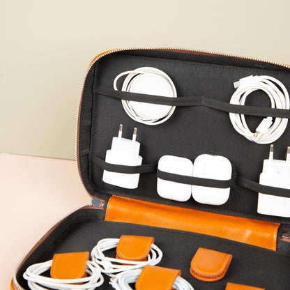 Leather Tech Organizer Case - Orange - Oslo