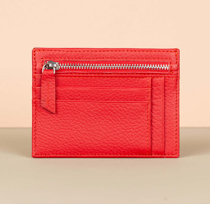 Vibrant Leather Card Holder with Zipper Pocket - Red - Concord