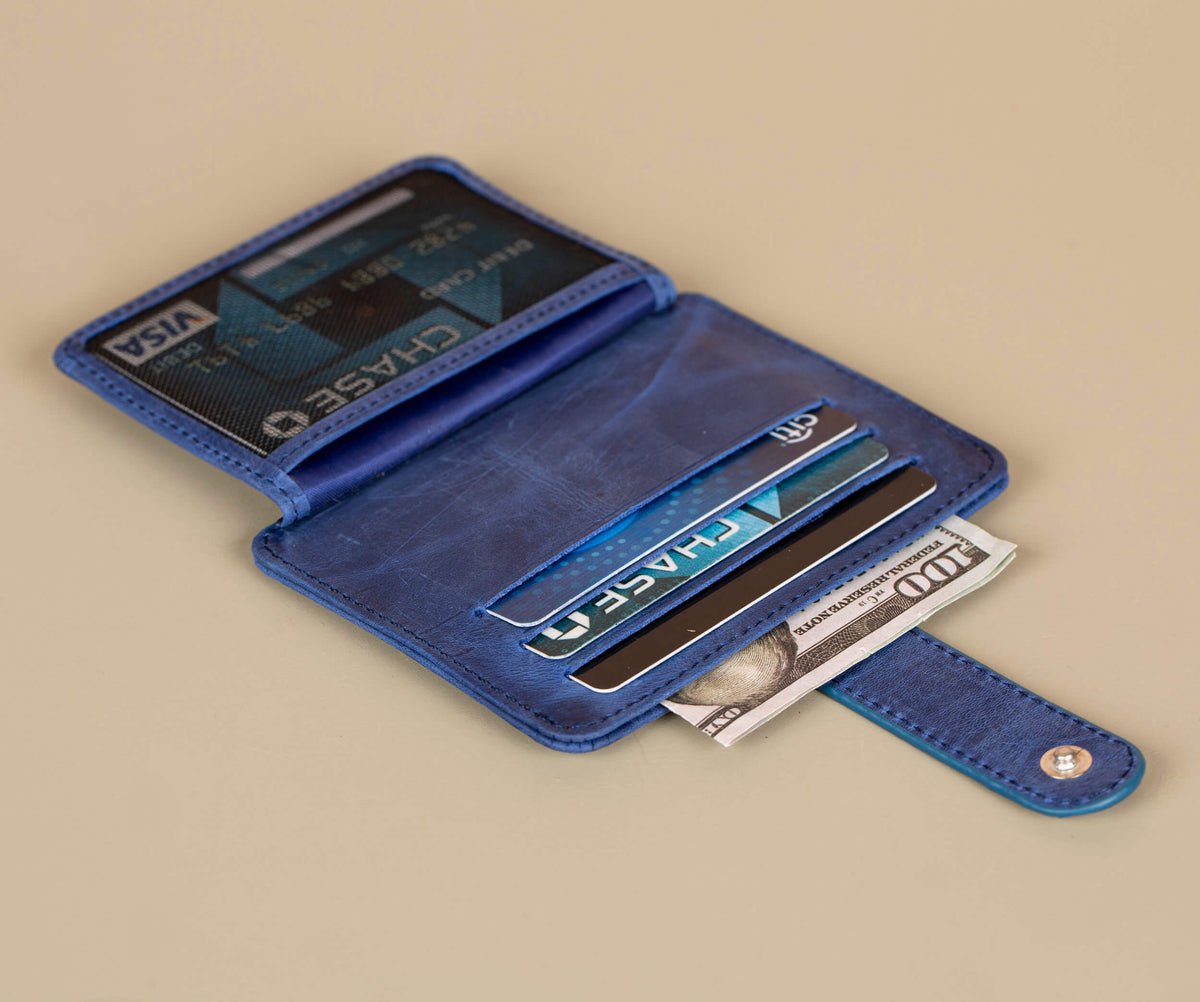 Leather Card Holder Wallet with ID Window - Blue - Miami