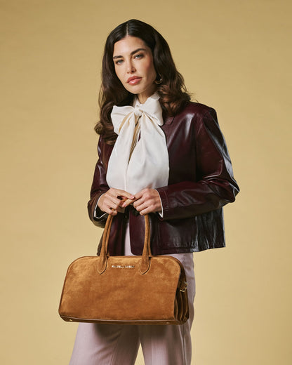 Chiara (cognac) - Italian calf suede women's handbag (with shoulder strap) — photo 9 of 9