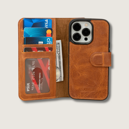 iPhone 16 Series Brown Leather Wallet Case - New York