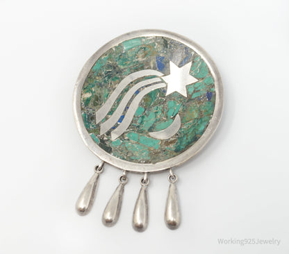 Vintage Taxco Mexico Signed CR Crushed Gemstone Sterling Silver Brooch