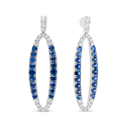 18K White Gold 1-1/10 Cttw Blue Diamond and Sapphire Oval Openwork Dangle Earrings