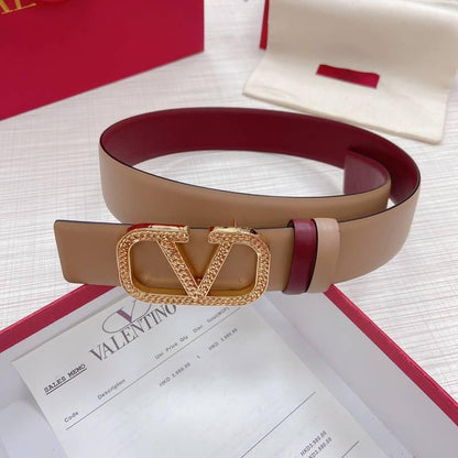Valentino V logo Hammered Buckle Reversible Wide Signature Belt 'Beige/Red'