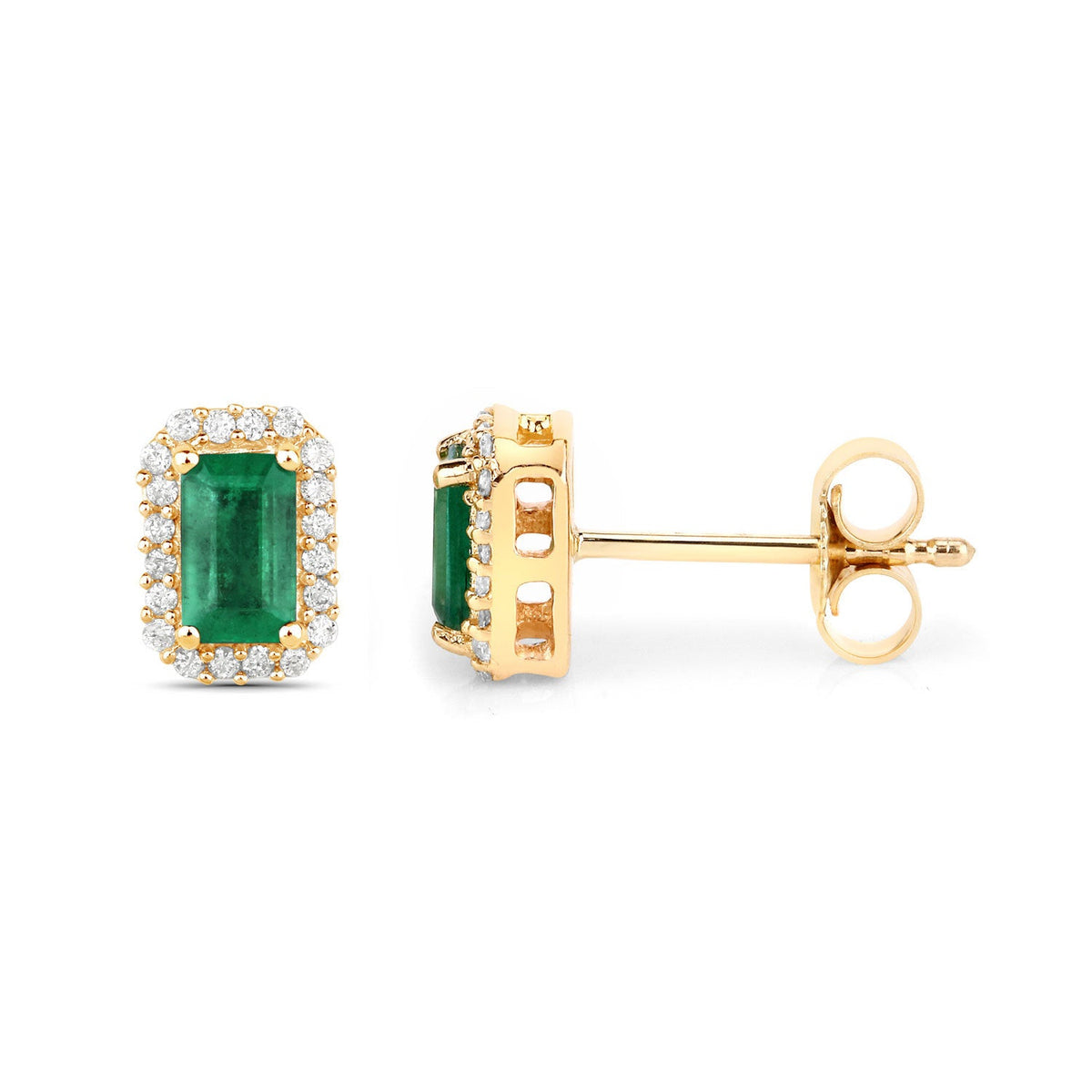 0.91 Carat Genuine Zambian Emerald and White Diamond 14K Yellow Gold Earrings