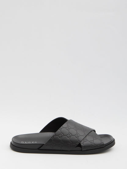 GUCCI Men's Leather Slide Sandals with Braided Strap and Embossed Logo - Comfortable Rubber Sole