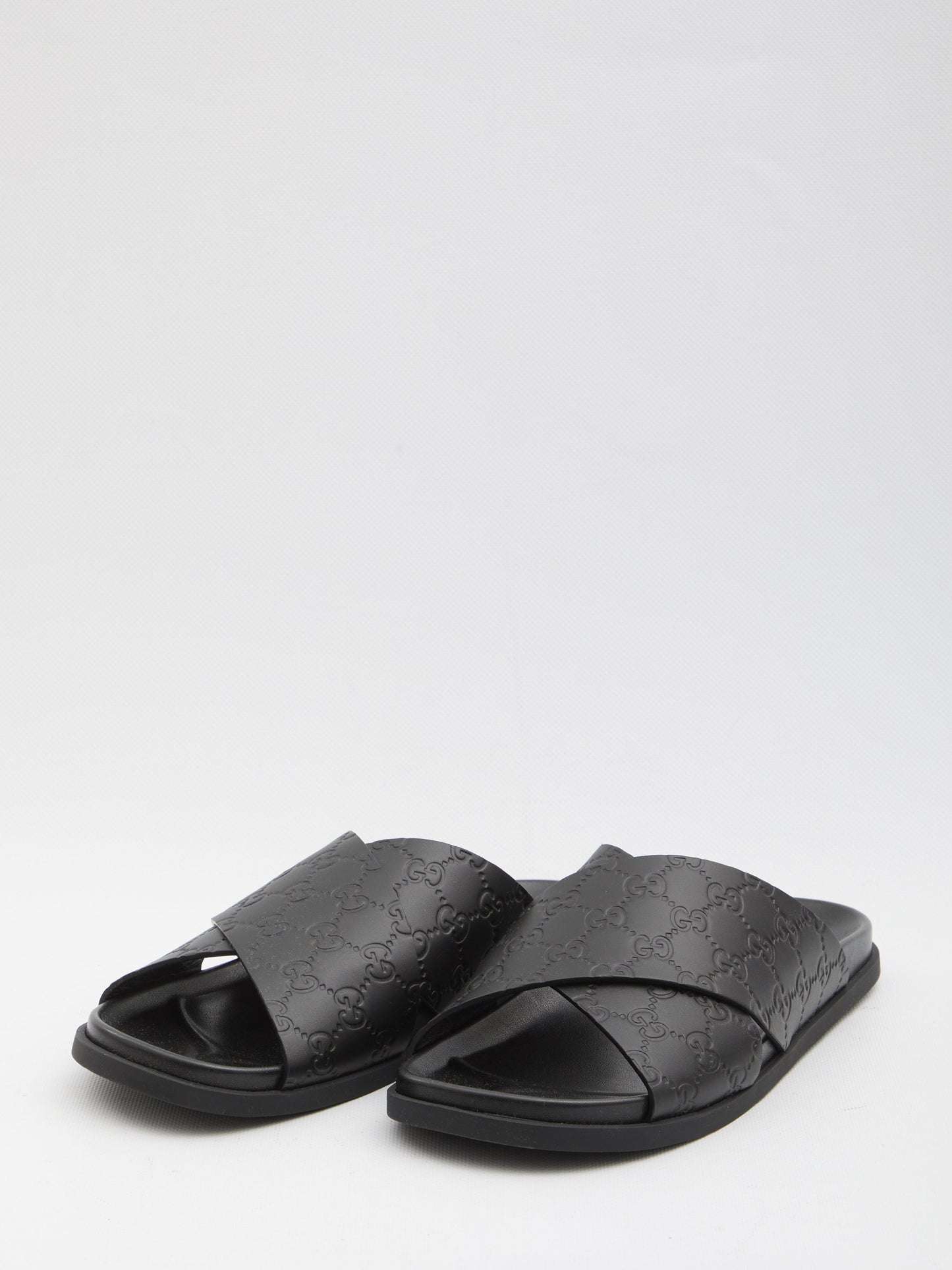 GUCCI Men's Leather Slide Sandals with Braided Strap and Embossed Logo - Comfortable Rubber Sole