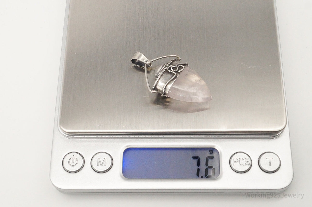 Vintage Large Rose Quartz White Moonstone Sterling Silver Pendant