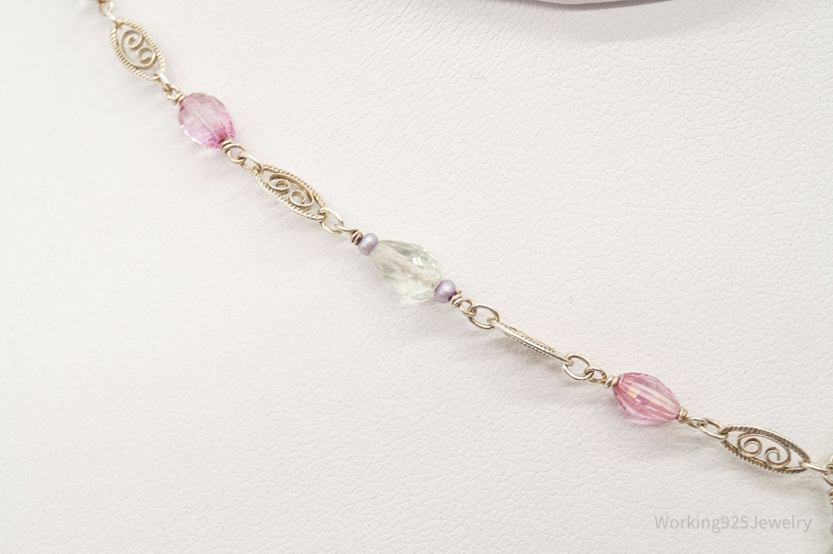 Vintage Prasiolite Pink Topaz Seed Pearls Sterling Silver Necklace