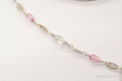 Vintage Prasiolite Pink Topaz Seed Pearls Sterling Silver Necklace