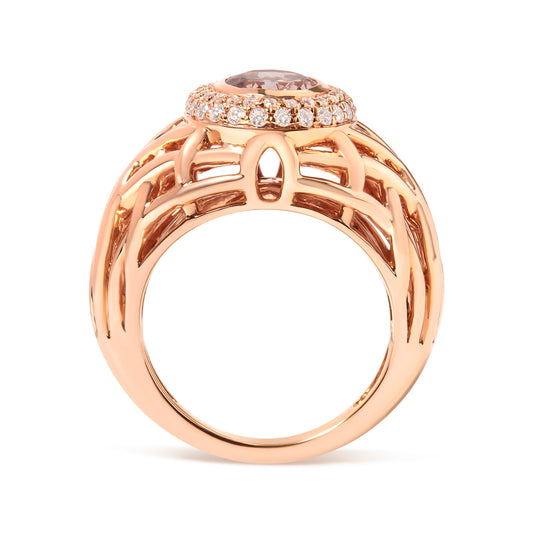 14K Rose Gold Oval Morganite and 3/8 Cttw Diamond Halo Basket Weave Cocktail Ring Size 7