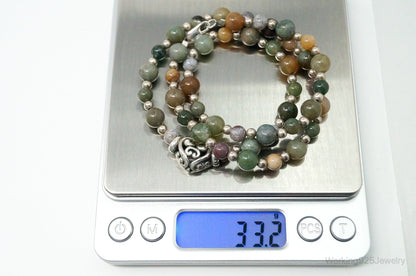 Vintage Multi Gem Agate Jasper Beads Sterling Silver Necklace
