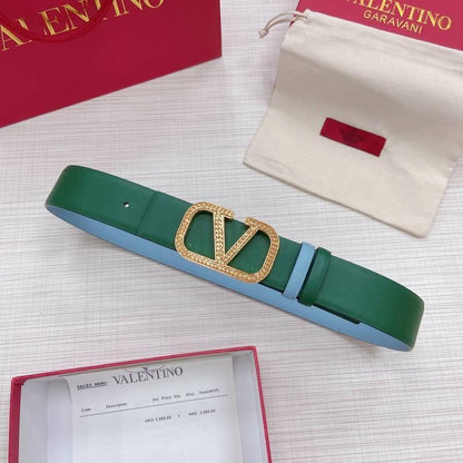 Valentino V logo Hammered Buckle Reversible Wide Signature Belt 'Green/Sky Blue'