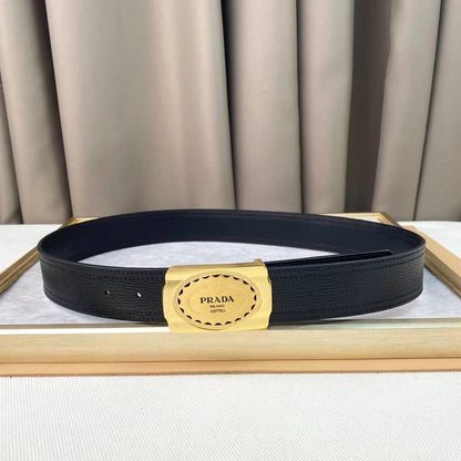 Prada Leather Belt Brushed Golden Buckle 'Black'