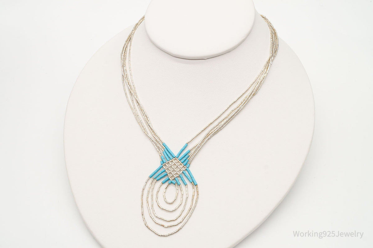 Vintage Native American Blue Turquoise Bead Sterling Silver Necklace