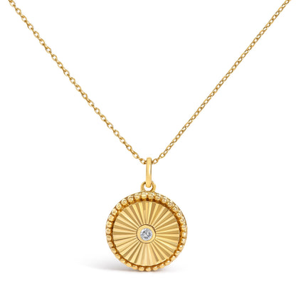 14K Yellow Gold Diamond Accent Circle Fluted Medallion Pendant Necklace
