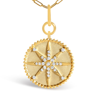 14K Yellow Gold 1/4 Cttw Diamond Compass Medallion Pendant Necklace