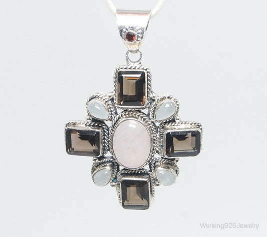 Vintage Smoky Topaz Rose Quartz Southwestern Cross Sterling Silver Pendant