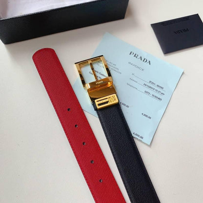 Prada Leather Reversible Belt With Triple Bucles 'Red/Black'