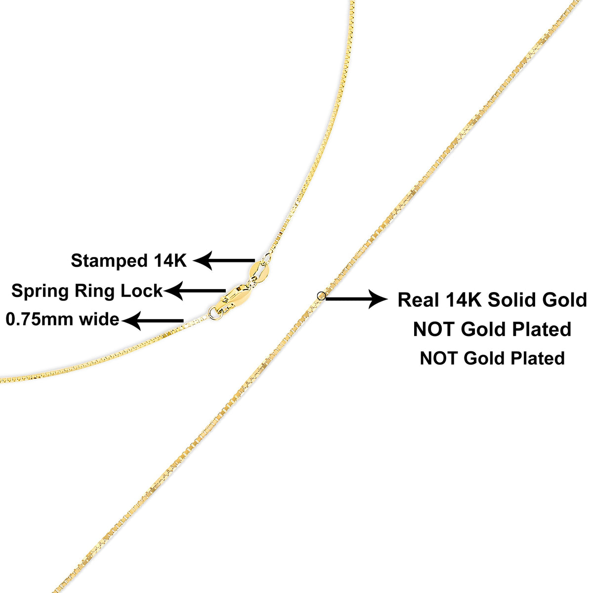 Solid 14K Yellow Gold 0.75mm Classic Box Chain Necklace. Unisex Chain - Size 13 Inches
