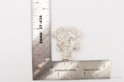 Vintage Mid Century German Sterling Silver Flower Basket Brooch Pin