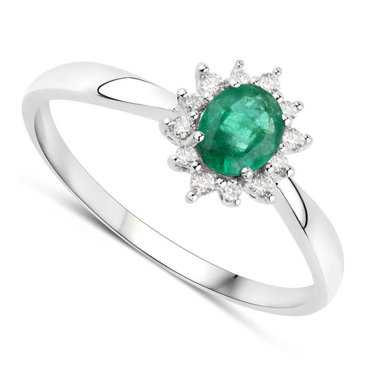 0.40 Carat Genuine Zambian Emerald and White Diamond 14K White Gold Ring