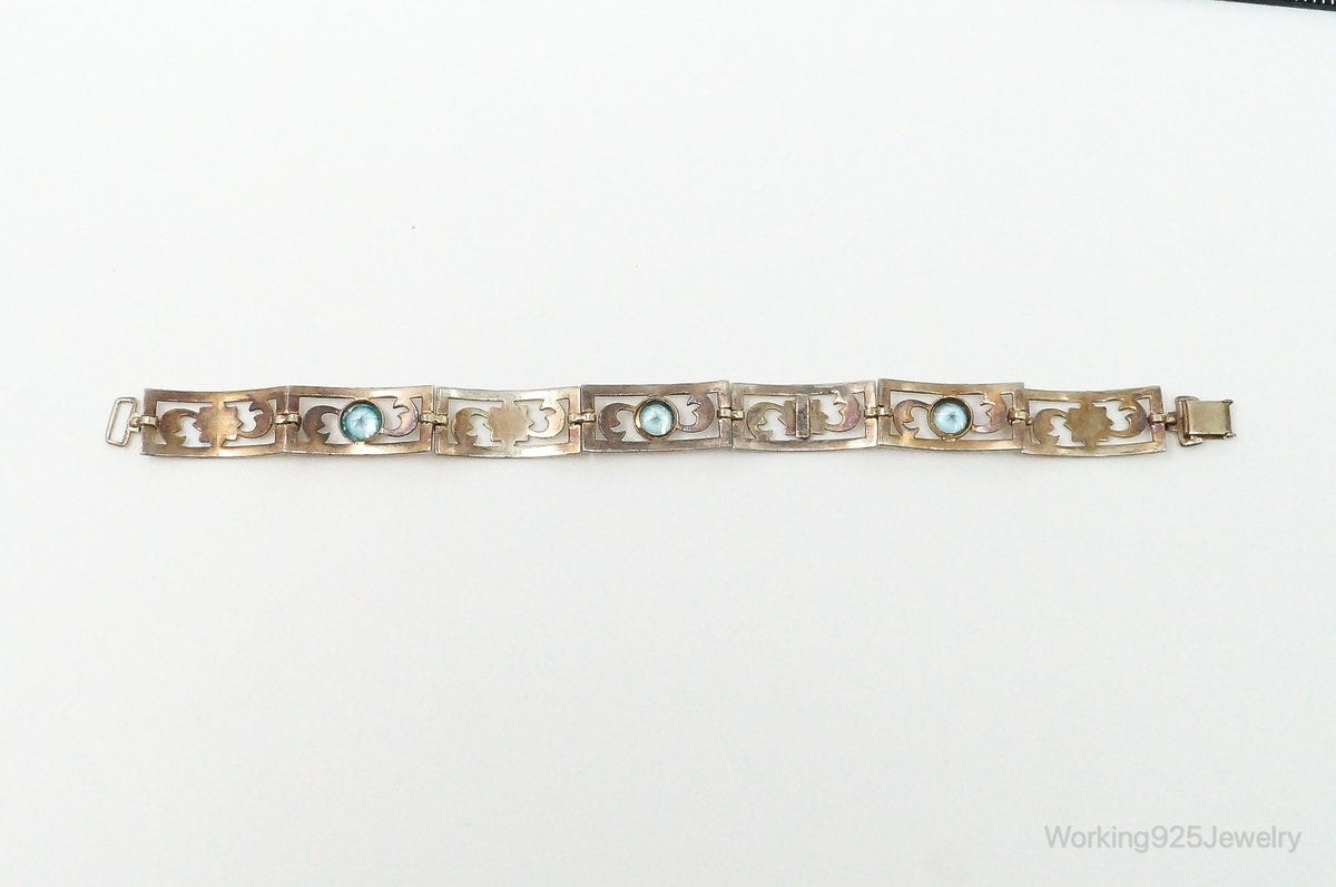 Vintage Designer Symmetalic 14K Gold Blue Topaz Art Deco SterlingSilver Bracelet