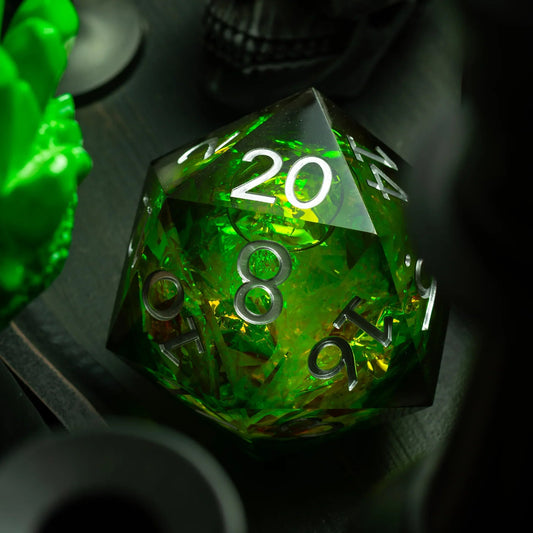 Dados y caja de resina hechos a mano Chonk de 95 mm con núcleo líquido verde masivo