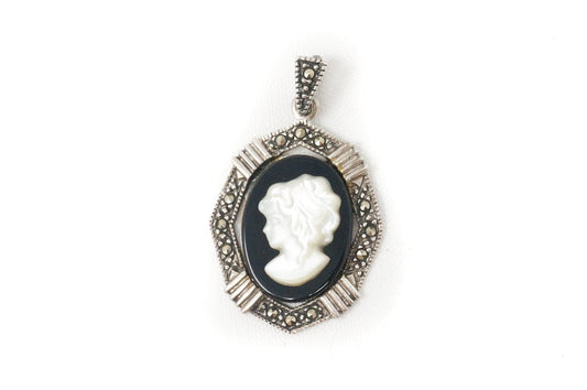 Vtg Carved Cameo Mother Of Pearl Woman Sterling Silver Necklace Pendant — photo 1 of 7