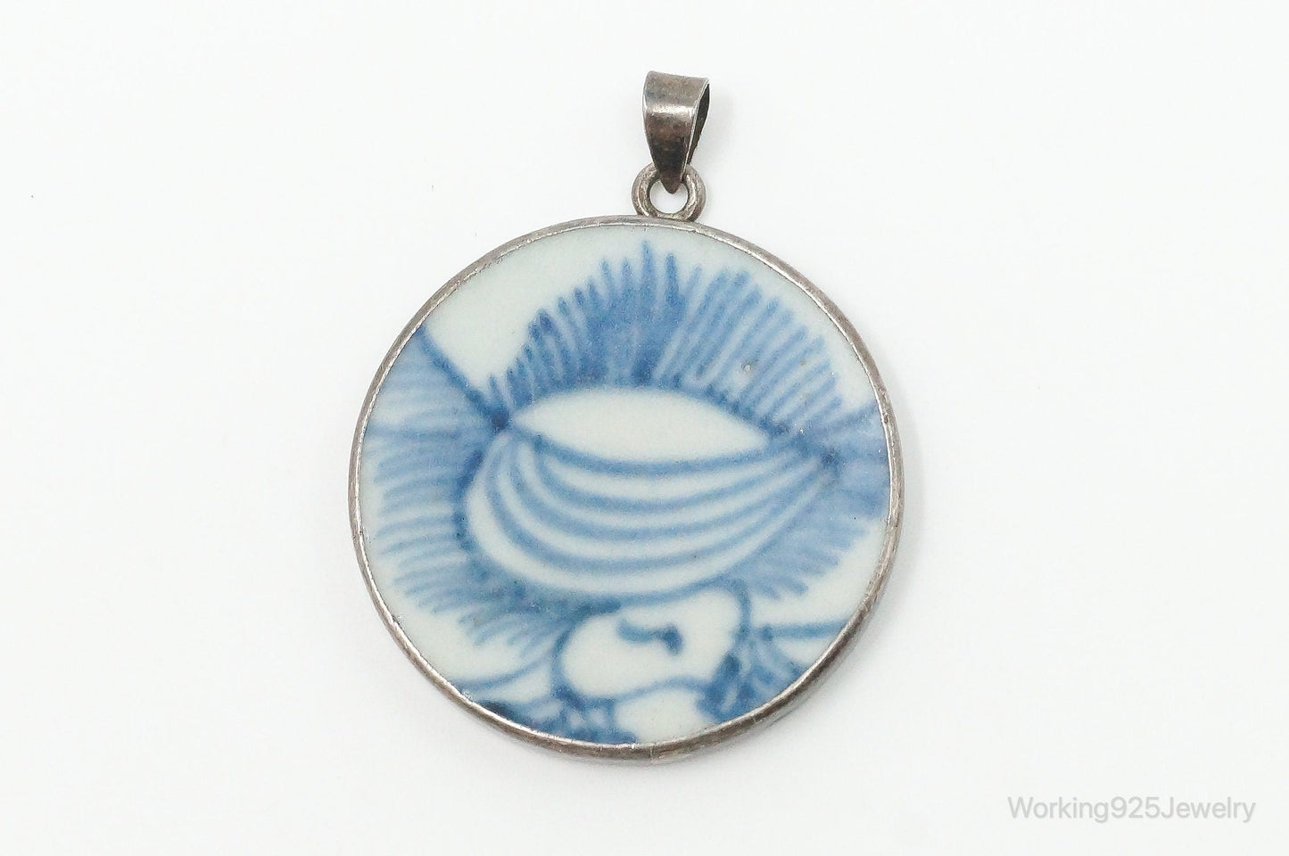 Vintage Blue & White Ming Porcelain Sterling Silver Pendant – Estate Jewelry