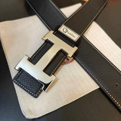 Hermès Black Leather Belt - Men's Silver 'H' Buckle Accessory