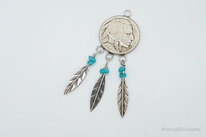 Vintage Native American Made Buffalo Nickel Turquoise Sterling Silver Pendant