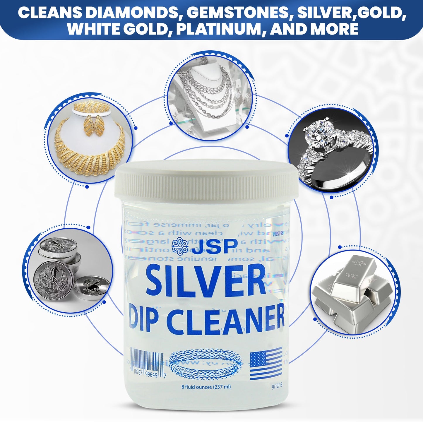 Limpiador de plata esterlina JSP, removedor de manchas para joyas de 925, solución de limpieza, 236 ml