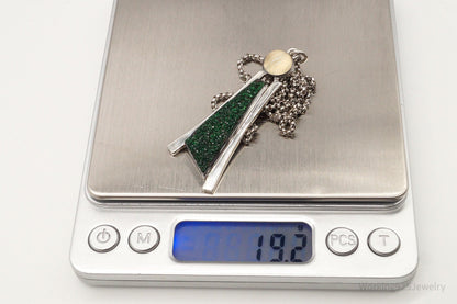 Vintage Moonstone Green Druzy Quartz Modernist Sterling Silver Necklace