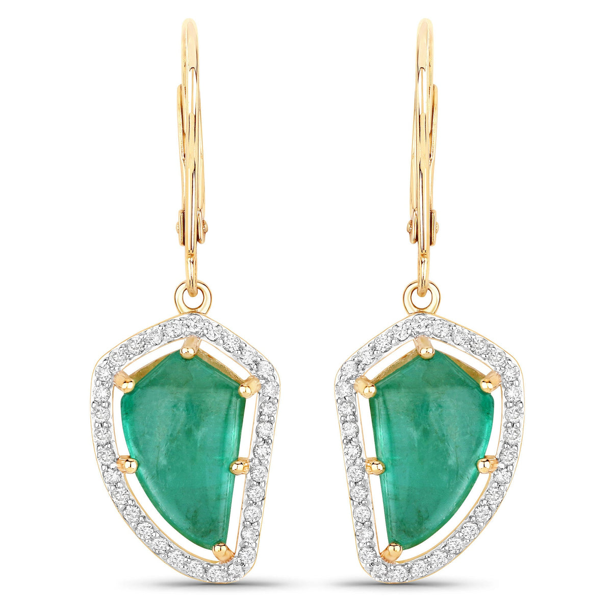 7.56 Carat Genuine Colombian Emerald and White Diamond 14K Yellow Gold Earrings