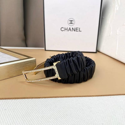Chanel Logo Buckle Elastic Belt Leather with Metal and Crystals 'Black'