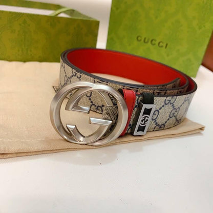 GUCCI Embellished coated-canvas and leather belt 'Grey'