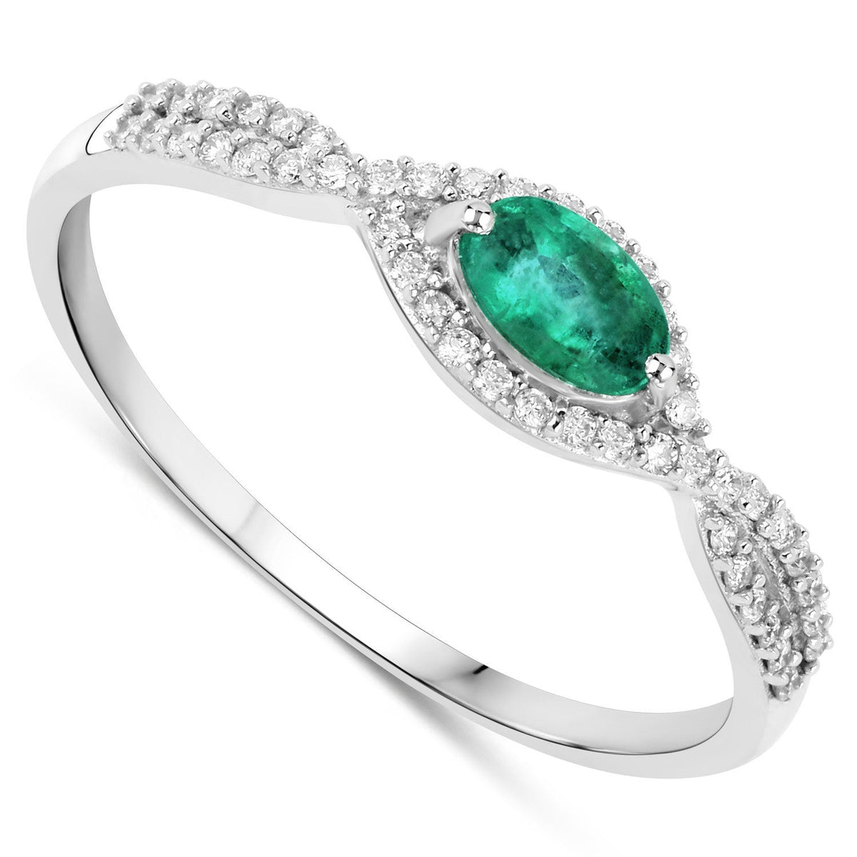 0.32 Carat Genuine Zambian Emerald and White Diamond 14K White Gold Ring