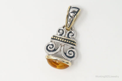 Large Vintage Amber Gold Vermeil Sterling Silver Necklace Pendant