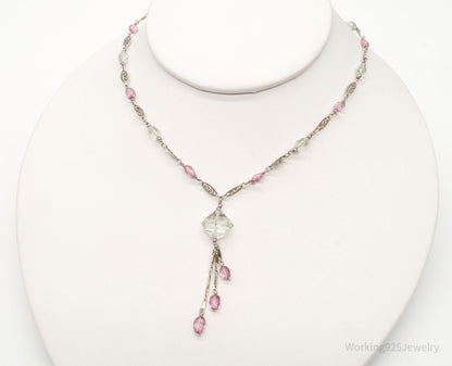Vintage Prasiolite Pink Topaz Seed Pearls Sterling Silver Necklace