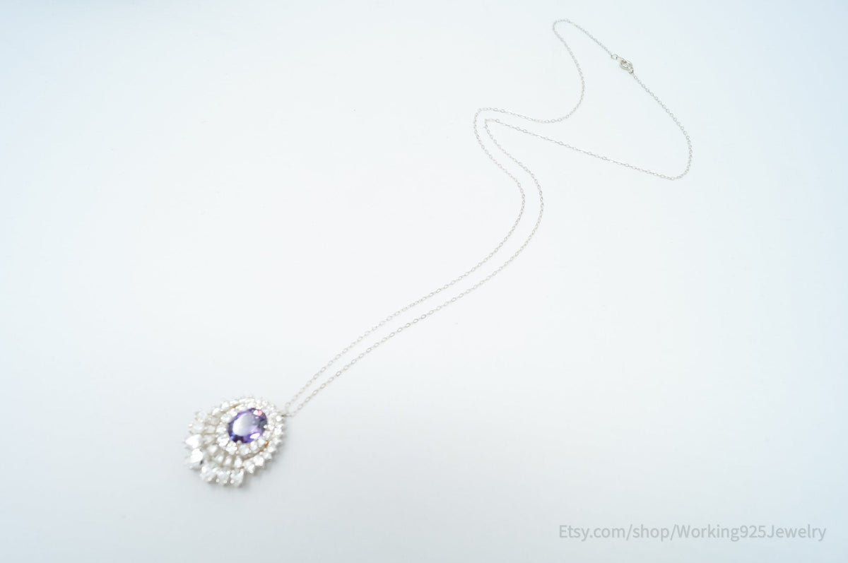 Vintage Amethyst CZ Art Deco Sterling Silver Long Chain Necklace