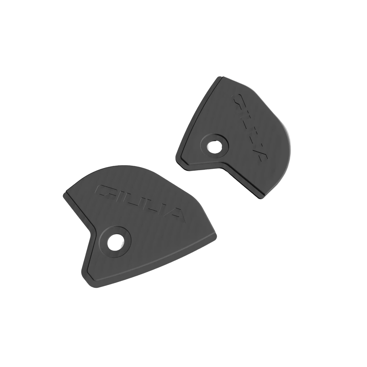 Pair of black 3D-printed Alfa Romeo Giulia fender liner cover caps with embossed Giulia logo and mounting screw hole, studio shot