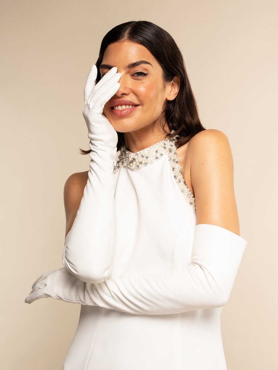Angelina (white) - Italian silk lined 16-button length leather bridal / opera gloves — photo 2 of 10