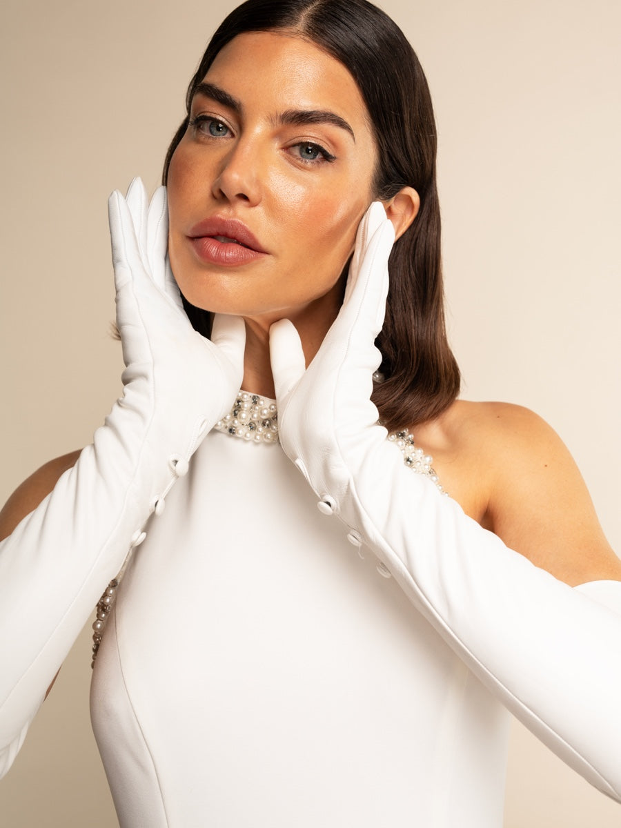 Angelina (white) - Italian silk lined 16-button length leather bridal / opera gloves — photo 5 of 10