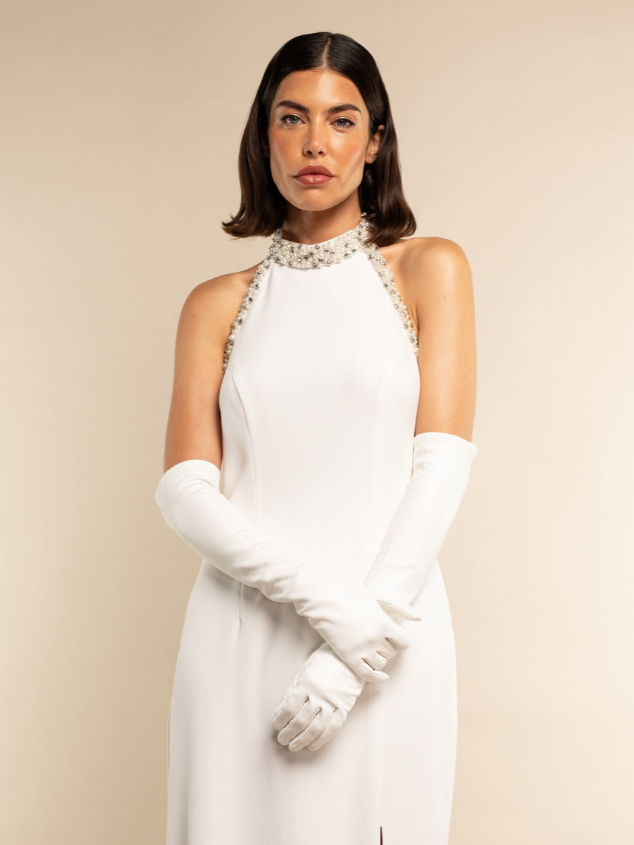 Angelina (white) - Italian silk lined 12-button length leather bridal / opera gloves — photo 5 of 10