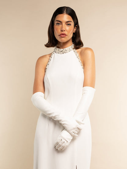 Angelina (white) - Italian silk lined 12-button length leather bridal / opera gloves — photo 5 of 10