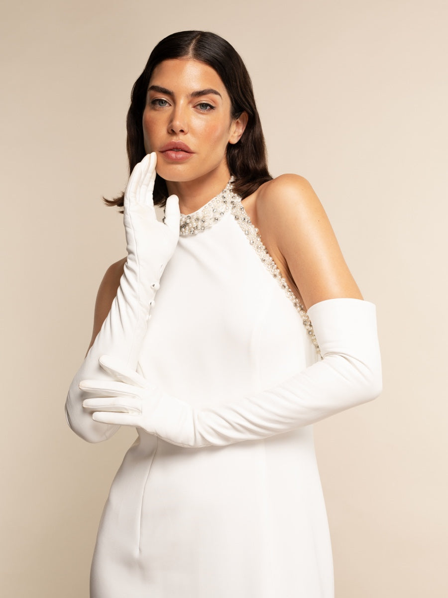 Angelina (white) - Italian silk lined 16-button length leather bridal / opera gloves — photo 7 of 10
