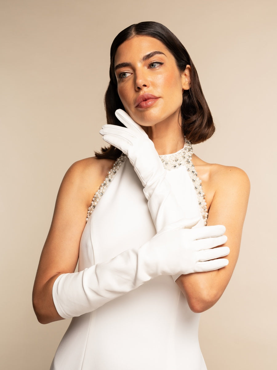 Angelina (white) - Italian silk lined 8-button length leather bridal / opera gloves — photo 9 of 10